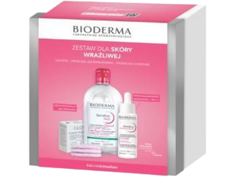 Bioderma Sensibio Xmass 2024 H2O woda micelarna + Defensive serum + płatki kosmetyczne Glov puszyste, zestaw