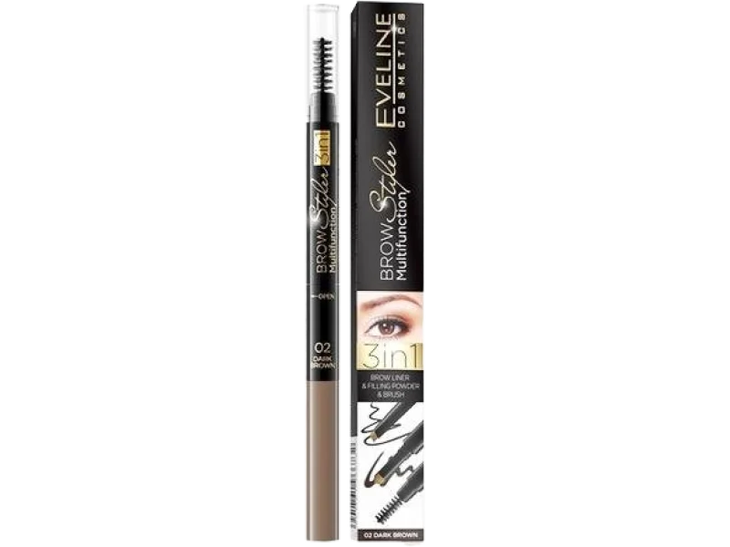 Eveline Cosmetics Brow Styler Multifunction 3w1, 02 dark brown, kredka do brwi