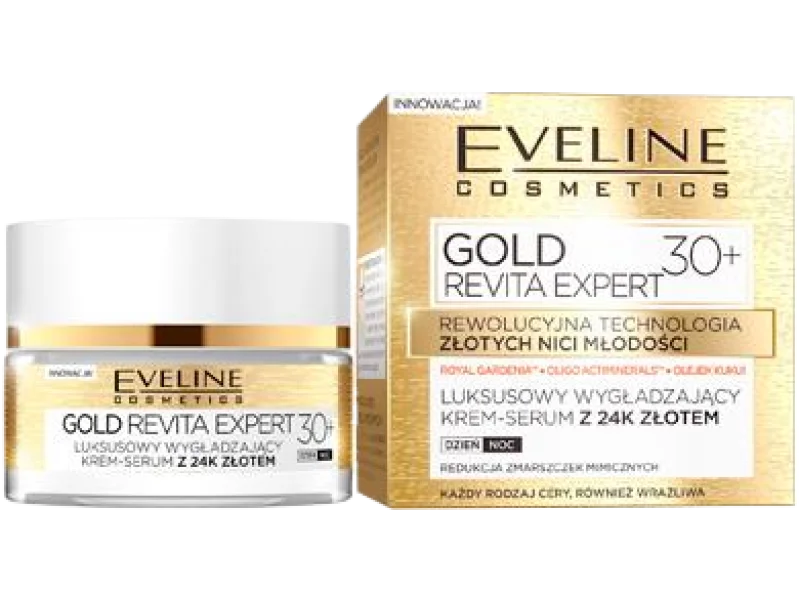 EVELINE COSMETICS GOLD REVITA EXPERT luksusowy wygładzający krem-serum z 24K złotem 30+