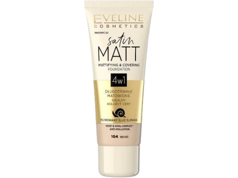 Eveline Satin Matt matująco-kryjący podkład do twarzy, nr 104 beige