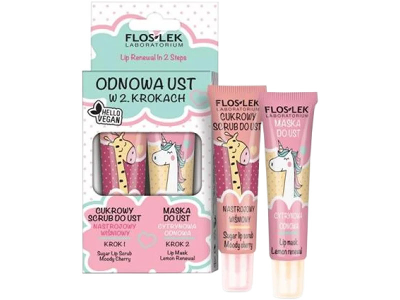 Flos-Lek Odnowa ust w 2 krokach cukrowy scrub do ust nastrojowy wiśniowy + maska do ust cytrynowa odnowa