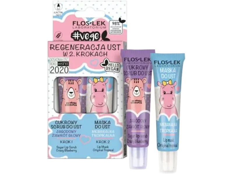 Flos-Lek Vege Lip Care regeneracja ust w 2 krokach scrub jagodowy zawrót głowy + maska do ust niebanalna tropikalna, zestaw