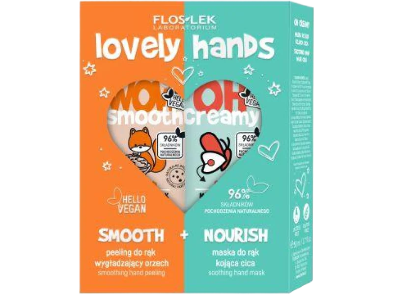 FLOSLEK Wzmacniająca kuracja do rąk w 2 krokach, smooth peeling do rąk wygładzający orzech, nourish maska do rąk kojąca cica, zestaw