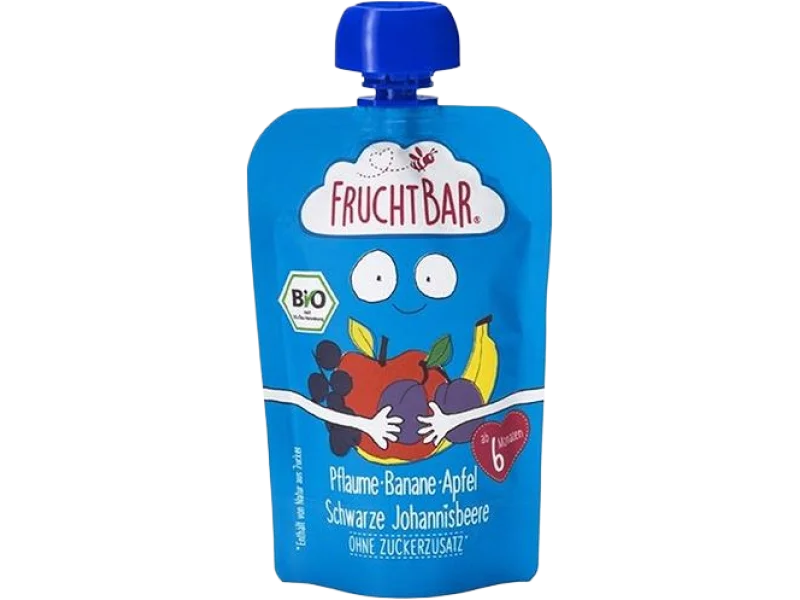 Fruchtbar ekologiczny mus owocowy – śliwka, banan, jabłko, czarna porzeczka