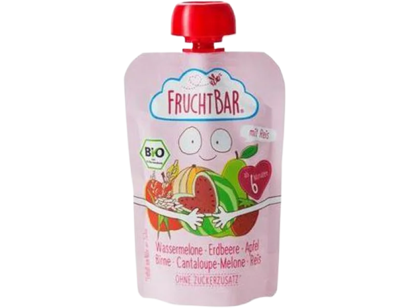 Fruchtbar ekologiczny mus owocowy z ziarnami – arbuz, truskawka, jabłko, gruszka, melon, ryż