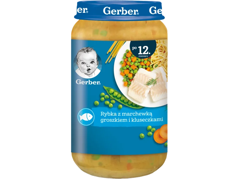 Gerber Junior obiadek rybka z marchewką, groszkiem i kluseczkami po 12 miesiącu
