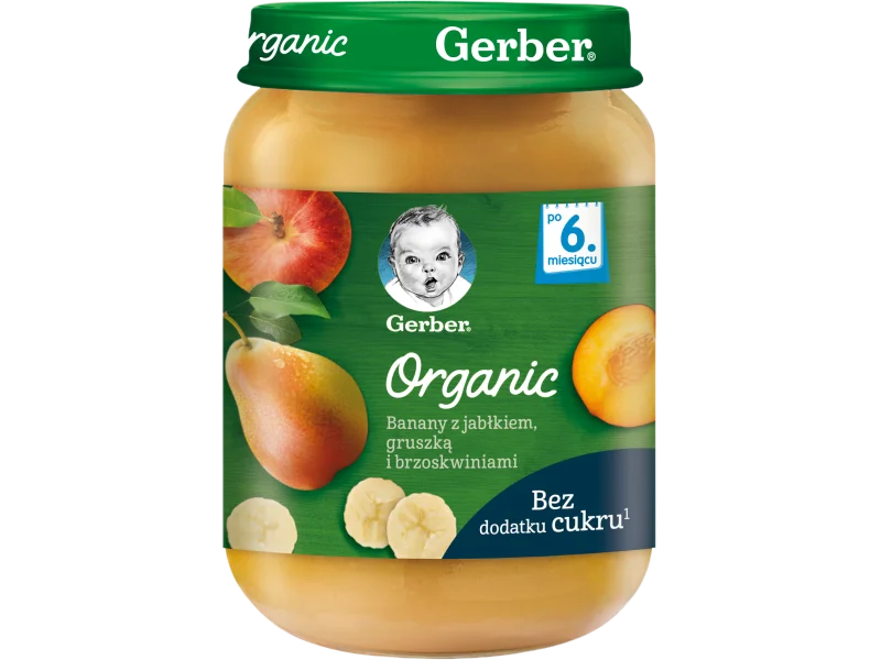 Gerber Organic banany z jabłkiem, gruszką i brzoskwiniami, żywność specjalnego przeznaczenia medycznego