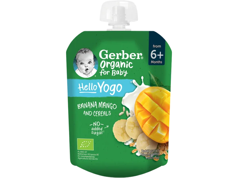 Gerber Organic deserek banan, mango z jogurtem i płatkami zbóż po 6. miesiącu, mus
