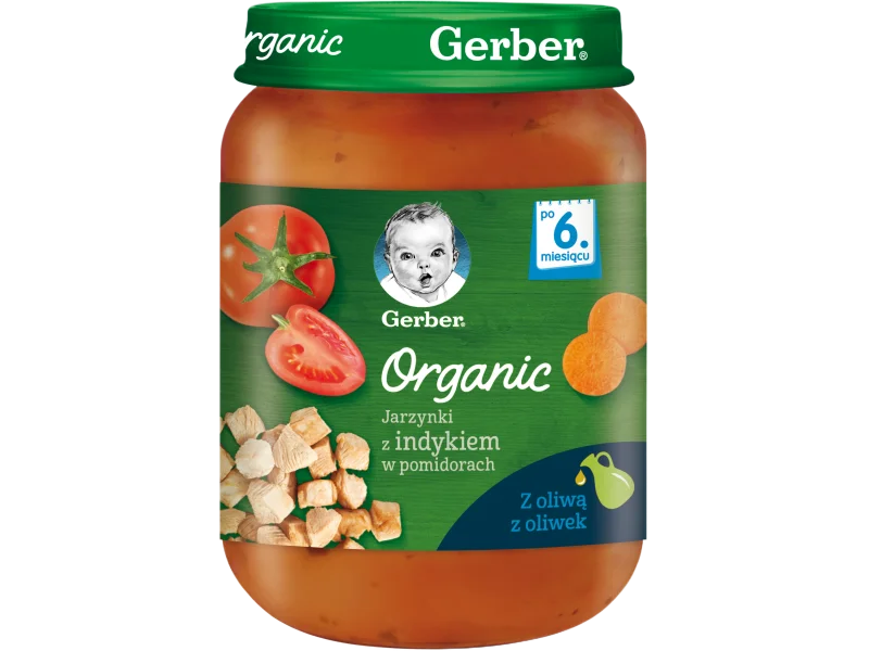 Gerber Organic obiadek jarzynki z indykiem w pomidorach po 6 miesiącu, żel