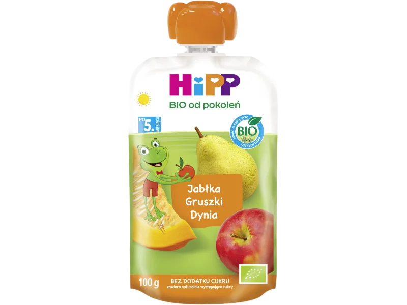 HiPP BIO od pokoleń, jabłka-gruszki-dynia, po 5. m-cu, mus