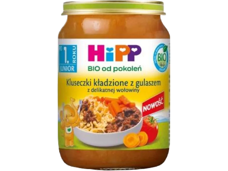 Hipp Bio od pokoleń kluseczki kładzione z gulaszem z delikatnej wołowiny, gotowy posiłek