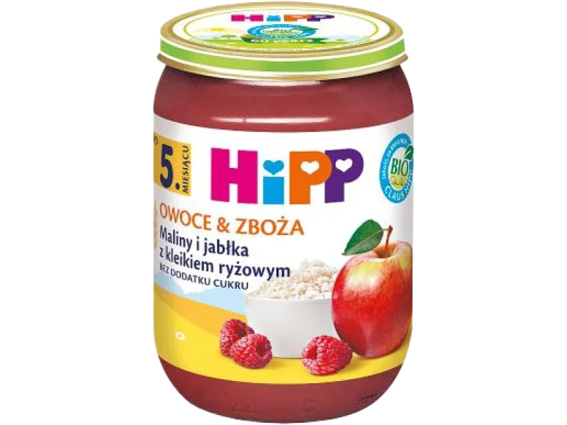 HiPP BIO od pokoleń, maliny i jabłka z kleikiem ryżowym, deser