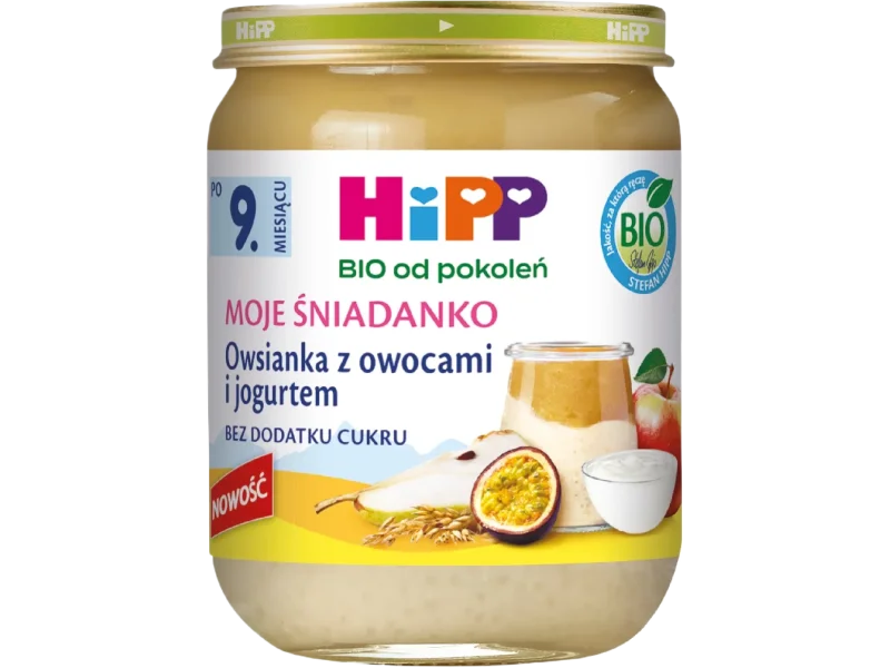 Hipp Bio od pokoleń, owsianka z owocami i jogurtem, żel do jamy ustnej