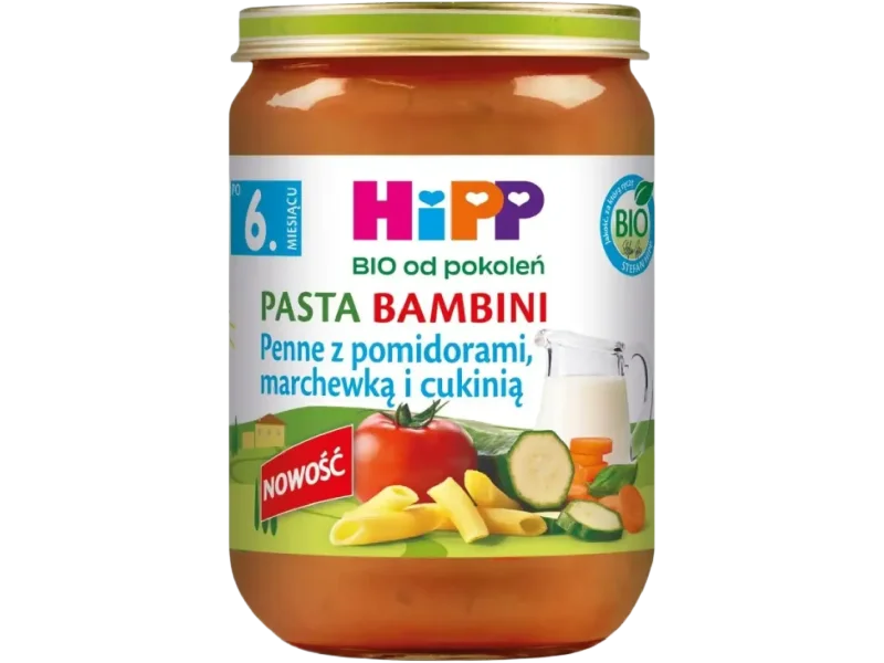 Hipp Bio od pokoleń, penne z pomidorami, marchewką i cukinią, gotowy posiłek