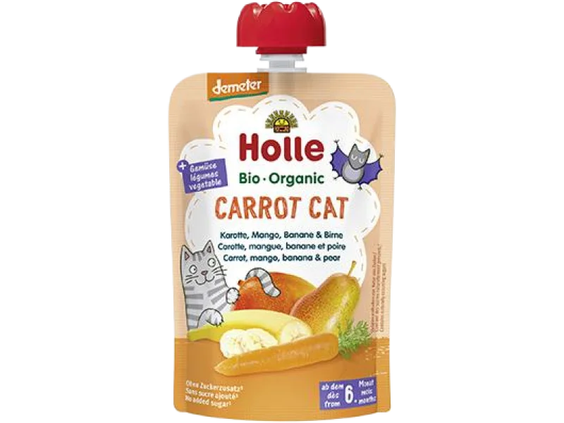 Holle owocowy z warzywami marchewkowy kot marchewka, mango, banan, gruszka, mus