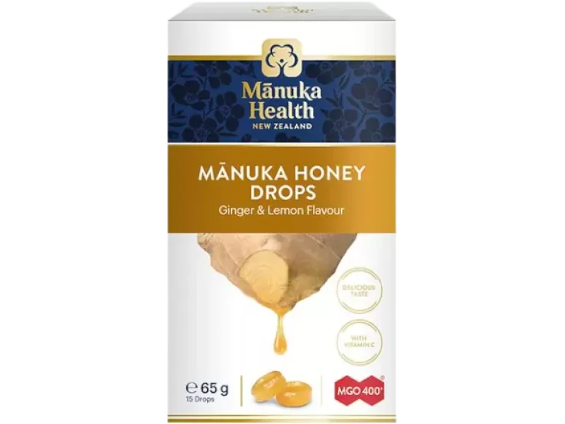 Manuka Health z miodem manuka MGO 400+ i witaminą C, smak imbirowo-cytrynowy, cukierki