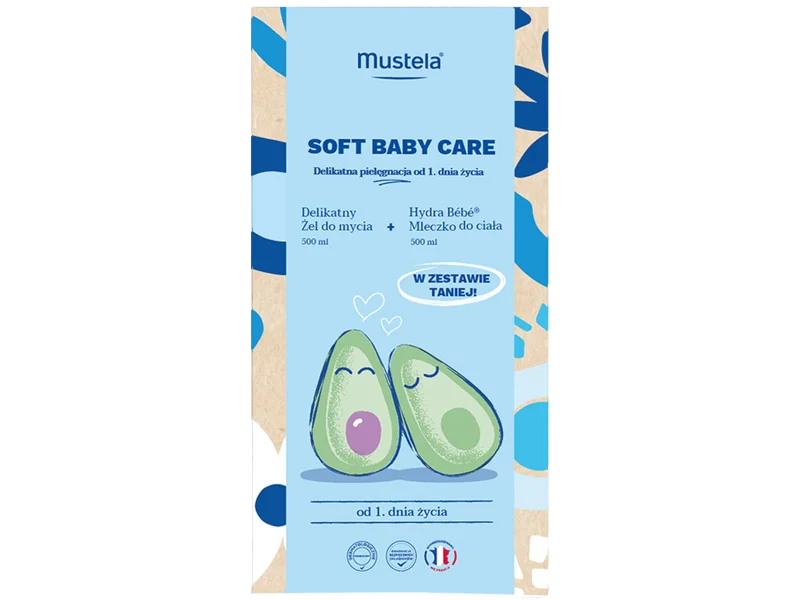 Mustela Soft Baby Care delikatny żel do mycia + Hydra Bébé mleczko do ciała, żel + mleczko