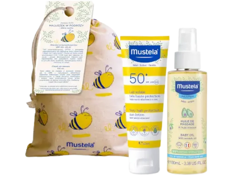 Mustela Sun maluszek w podróży mleczko przeciwsłoneczne SPF 50+ + olejek do masażu, mleczko + olejek