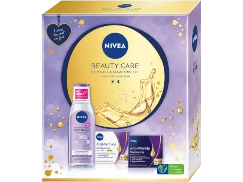 Nivea Beauty Care przeciwzmarszczkowy modelujący krem na dzień 65+ + przeciwzmarszczkowy modelujący krem na noc 65+ + kojący płyn micelarny dla cery wrażliwej i nadwrażliwej, krem + płyn
