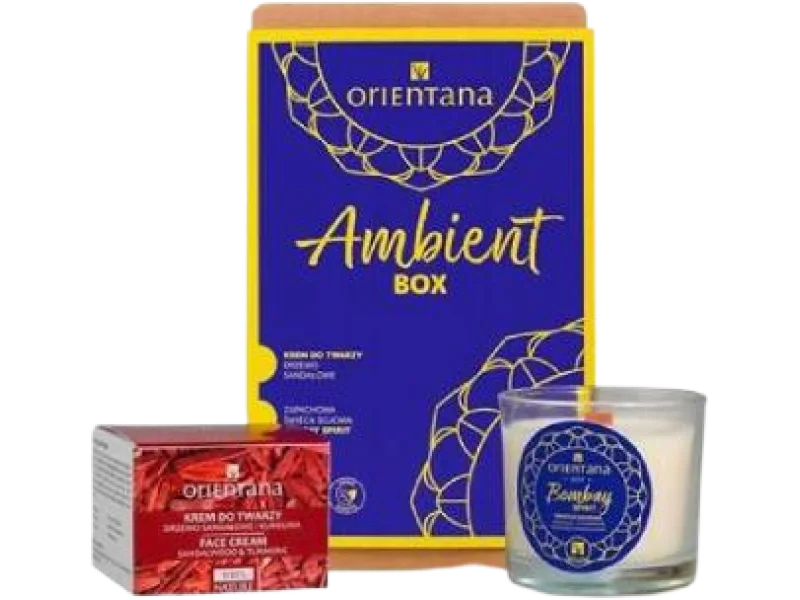 ORIENTANA Zestaw Ambient BOX krem do twarzy drzewo sandałowe i kurkuma + zapachowa świeca sojowa Bombay Spirit