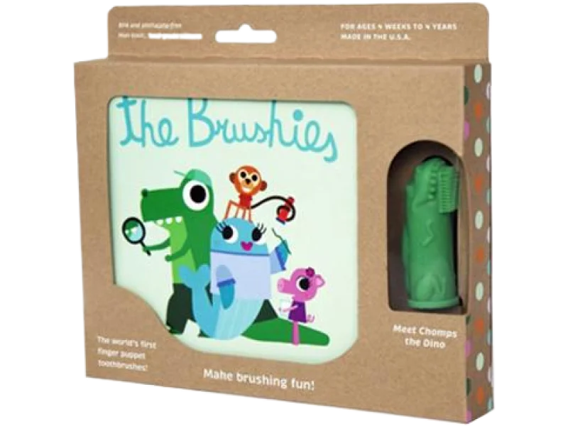 THE BRUSHIES Szczoteczka silikonowa na palec Chomps Dino + książka