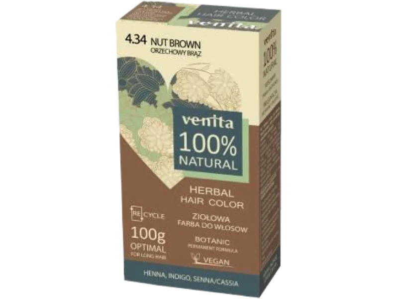 Venita Herbal Hair Color, ziołowa farba do włosów, 4.34 orzechowy brąz, proszek