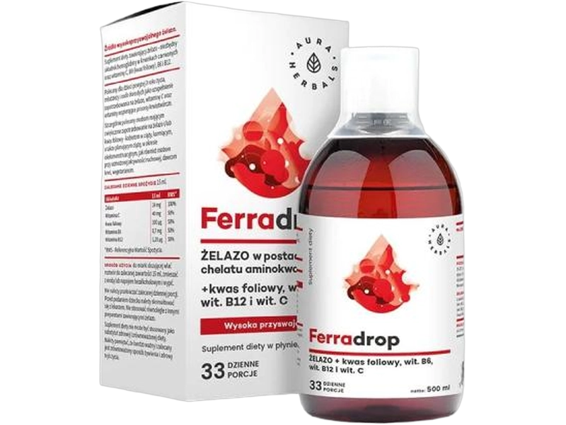 Aura Herbals Ferradrop Wysokoprzyswajalne żelazo i kwas foliowy, płyn