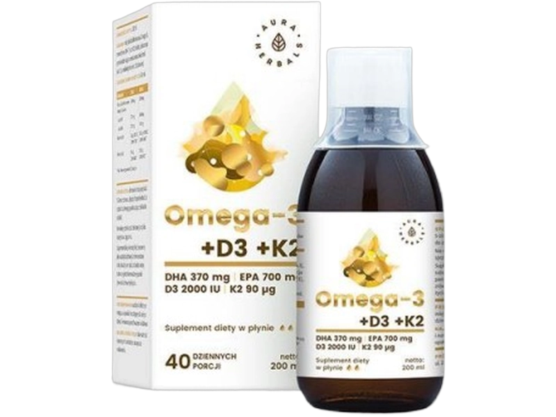 Aura Herbals Omega-3 370 DHA + D3 + K2MK7, płyn