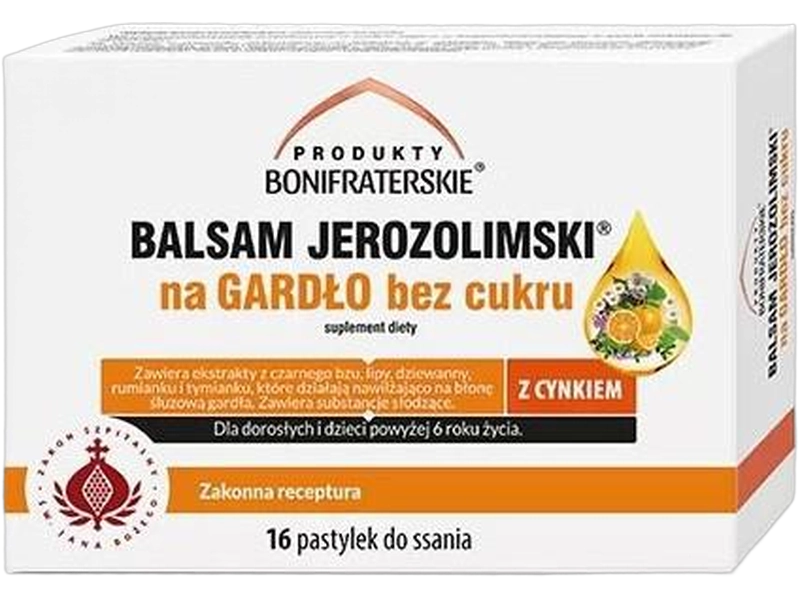 Balsam jerozolimski na gardło bez cukru, pastylki do ssania bez cukru