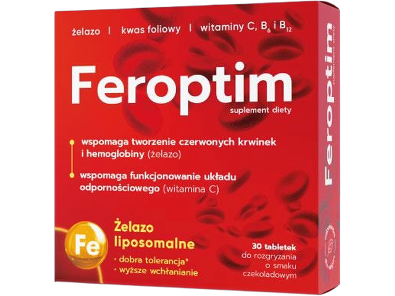 Feroptim, smak czekoladowy, tabletki do rozgryzania i żucia