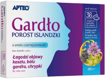 Zdjęcie produktu Gardło porost islandzki Apteo, smak czarnej porzeczki, pastylki do ssania