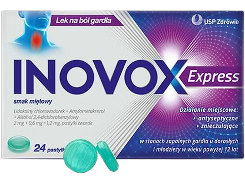 Inovox Express, smak miętowy, pastylki do ssania, 2 mg + 0,6 mg + 1,2 mg