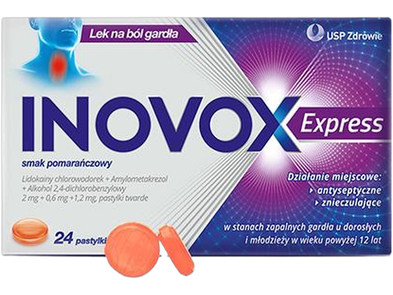 Inovox Express, smak pomarańczowy, pastylki twarde, 2 mg + 0,6 mg + 1,2 mg