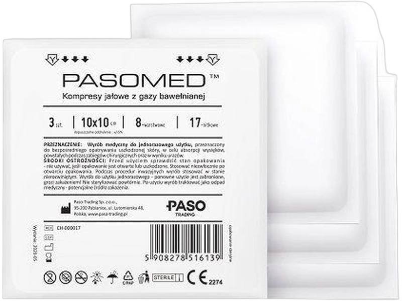 Kompresy jałowe 10 cm x 10 cm 17-nitkowe 8 warstw Pasomed