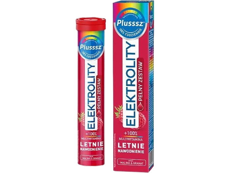 Plusssz Elektrolity + 100% multiwitamina, malina i granat, tabletki musujące