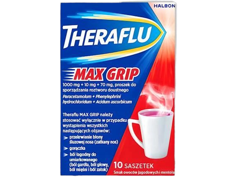 Theraflu Max grip, proszek do sporządzania roztworu doustnego, 1000 mg + 10 mg + 70 mg