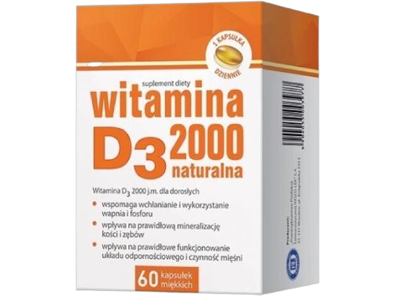 Witamina D3 naturalna, kapsułki miękkie, 50 µg (2000 j.m.)