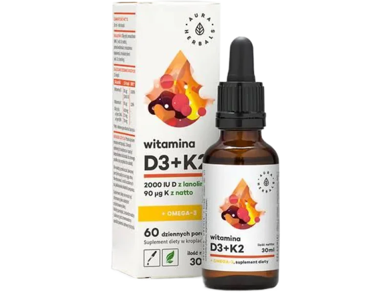 AURA HERBALS Witamina D3 + K2mk7 + Omega-3, krople