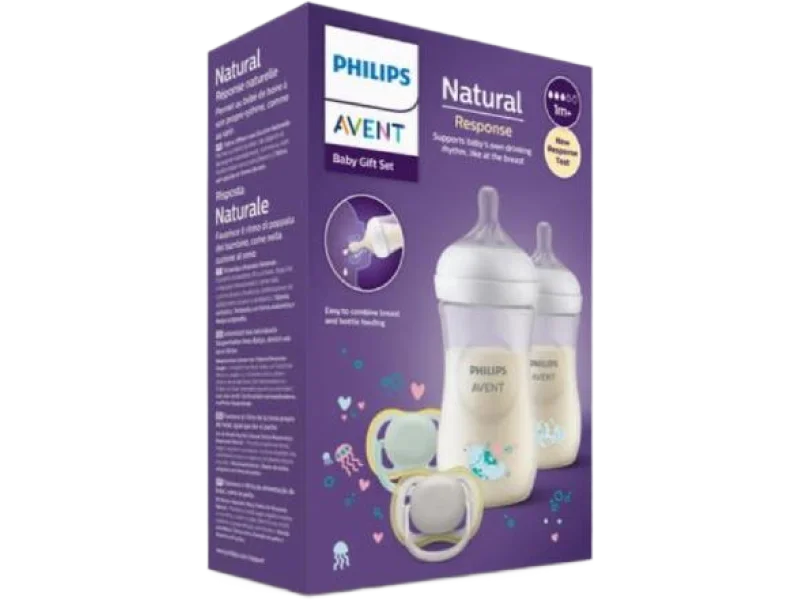 Avent Natural Response Zestaw Baby Gift Butelka antykolkowa 1m+ 260ml, 2szt + Smoczek 0-6m, 2szt, sprzęt medyczny