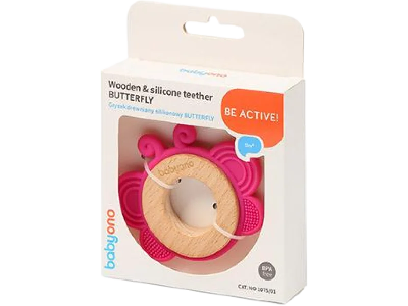 BABYONO Gryzak drewniany silikonowy BUTTERFLY, zabawka sensoryczna