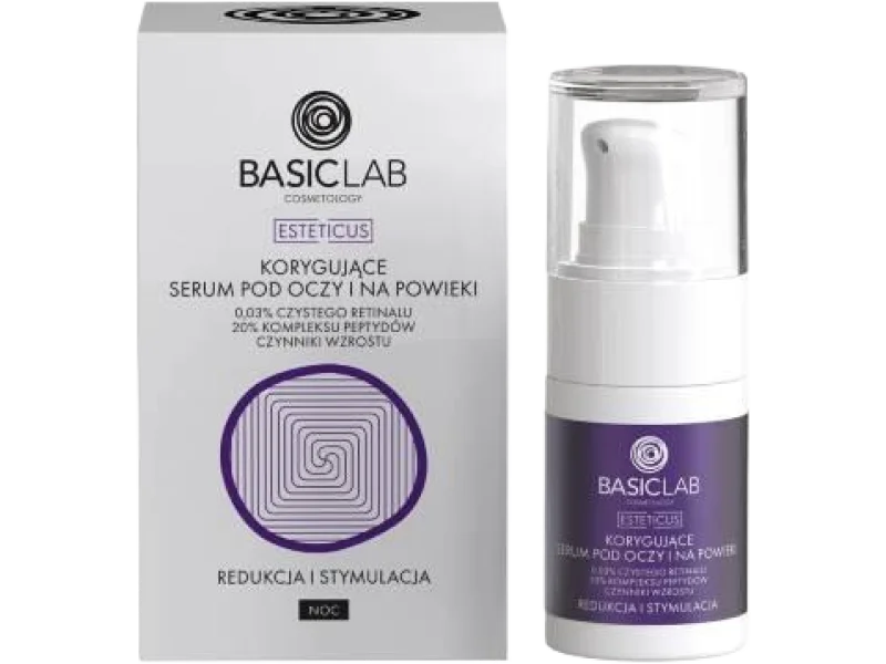 BASICLAB Esteticus Korygujące serum pod oczy z retinalem 0,03%, 20% kompleksem peptydów i czynnikami wzrostu Redukcja i Stymulacja