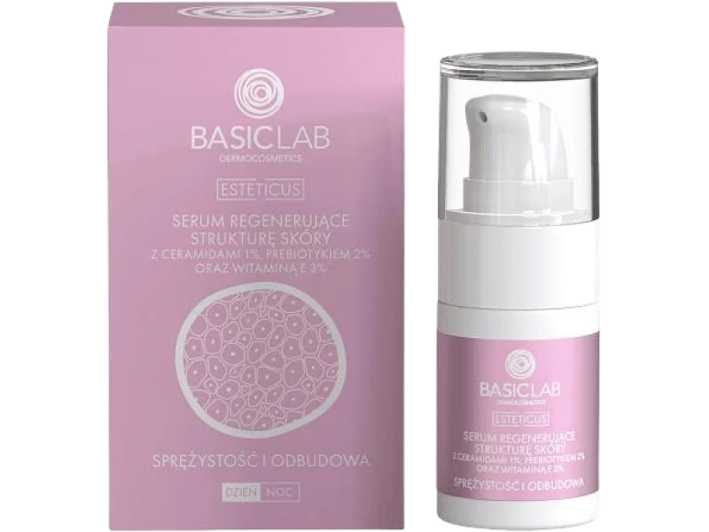 BASICLAB Serum regenerujące strukturę skóry z ceramidami 1%, prebiotykiem 2% oraz witaminą E 3%