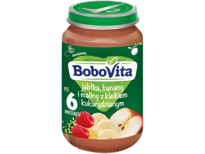 BoboVita Jabłka banany i maliny z kleikiem kukurydzianym po 6 miesiącu, 15 mg/100 g