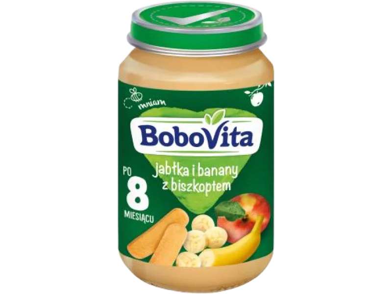 BoboVita Jabłka banany z biszkoptem i nutką pomarańczy po 8 miesiącu, 15 mg/100 g