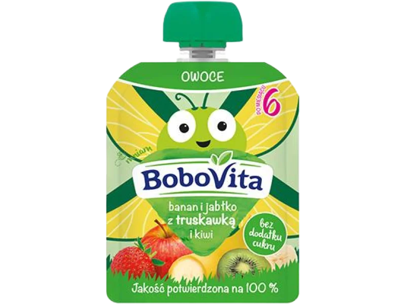 BoboVita Mus banan, jabłko, truskawki, kiwi, 20 mg/100 g