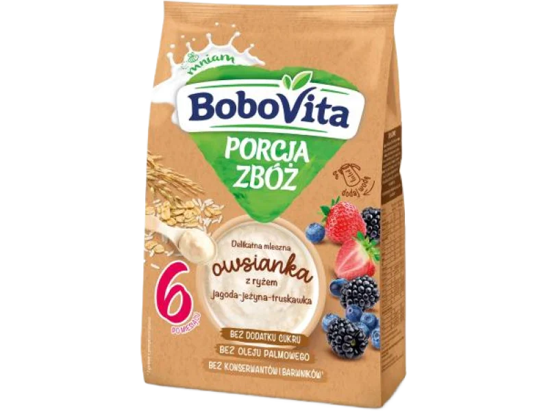 BoboVita Porcja Zbóż delikatna mleczna owsianka z ryżem jagoda-jeżyna-truskawka, proszek