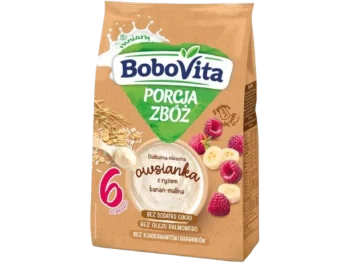 Zdjęcie produktu BoboVita Porcja zbóż Delikatna mleczna owsianka z ryżem malina-banan, proszek