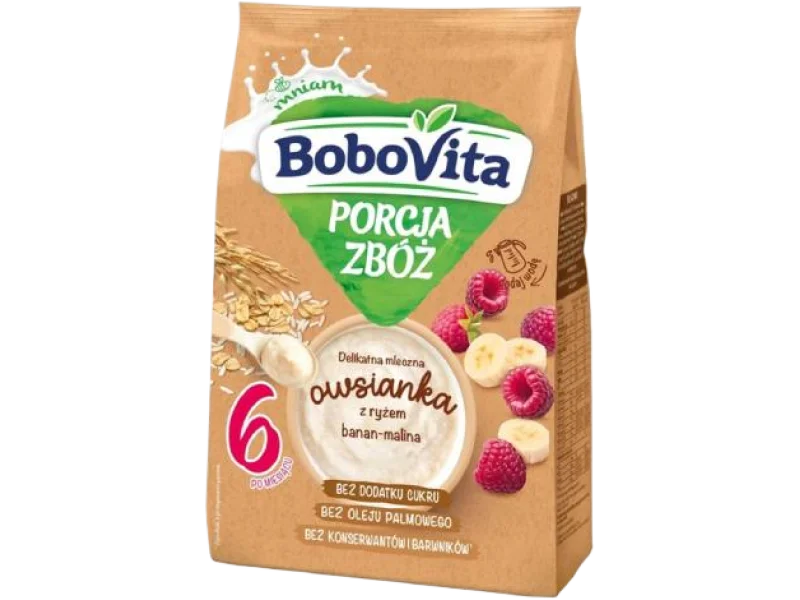 BoboVita Porcja zbóż Delikatna mleczna owsianka z ryżem malina-banan, proszek