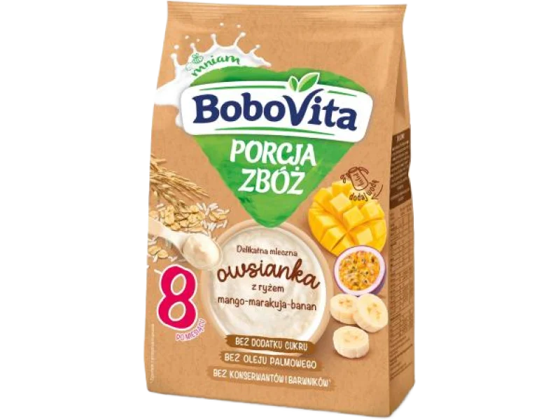 BoboVita Porcja Zbóż delikatna mleczna owsianka z ryżem mango-marakuja-banan, proszek