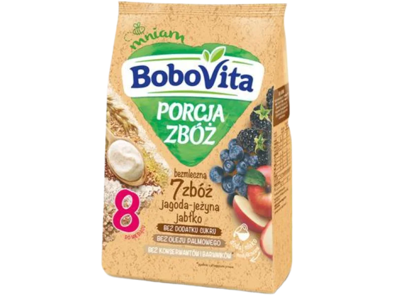 BOBOVITA Porcja Zbóż Kaszka bezmleczna 7 zbóż jagoda-jeżyna, jabłko po 8. miesiącu, proszek